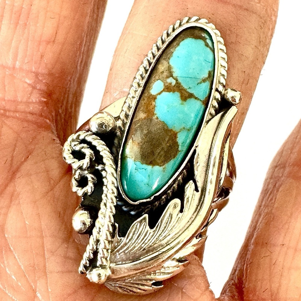 Navajo Turquoise Ring Sz 8 Sterling Signed Vandever Long Leaf Native American